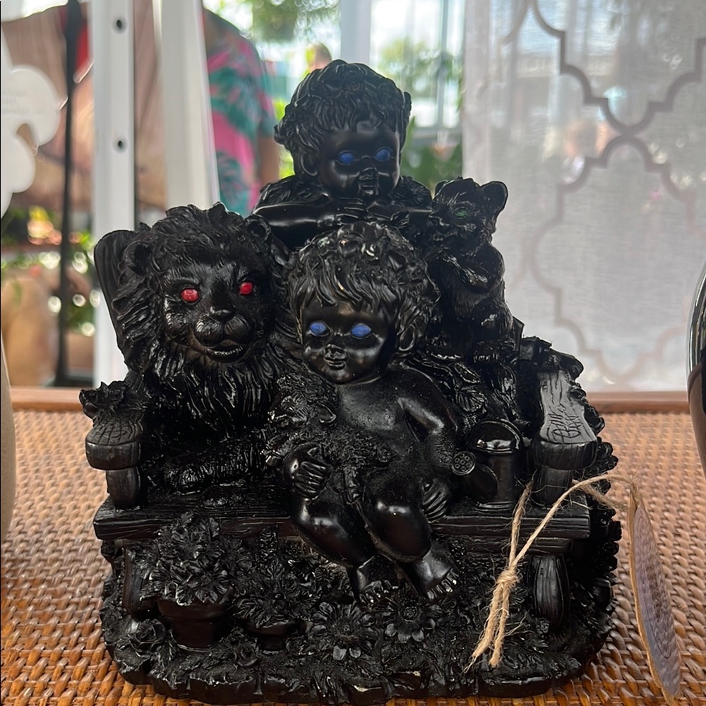 Painted Vintage Black Cherub, Lion and Woodland Creatures Sculpture